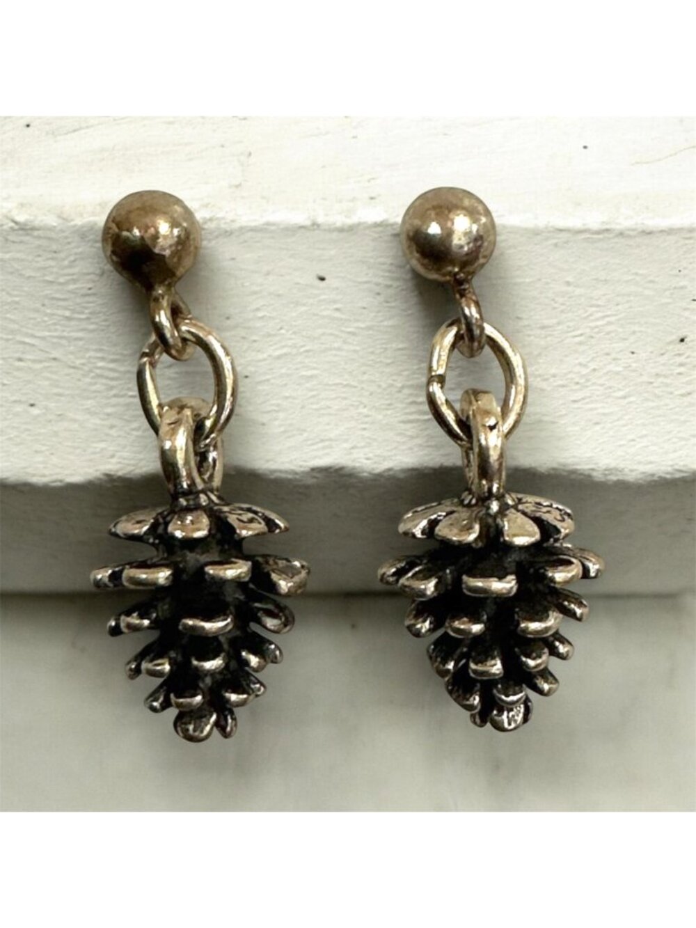 Vintage Sterling Silver Pinecone Dangle Earrings .5" Drop .75" Wide
